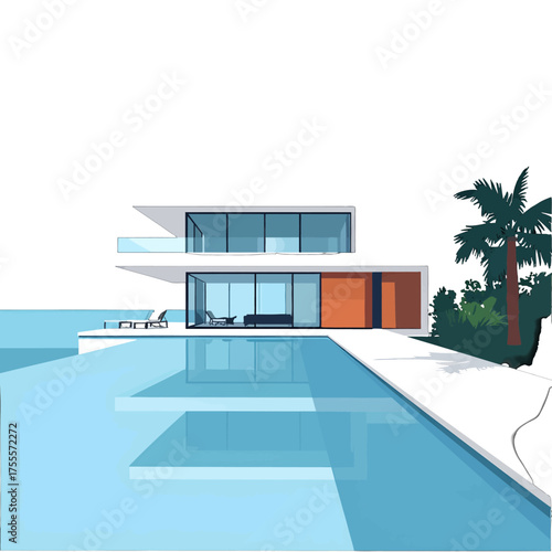 Modern White Two Story Home with Blue Swimming Pool and Palm Trees Under a Clear Sky Digital Illustration Optimized for Adobe Stock