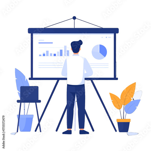Man Presenting Business Data on Display Board with Graphs and Charts in Light Background Plants and Laptop Beside the Display Board
