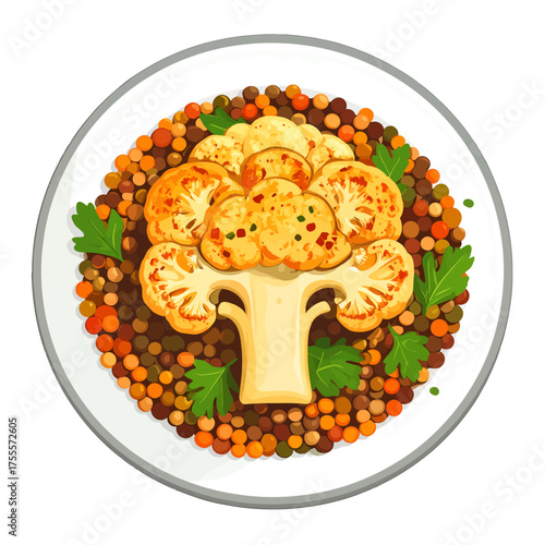 Overhead View of Cauliflower Dish with Lentils and Parsley on White Plate Featuring Brown Lentils Golden Cauliflower and Green Parsley