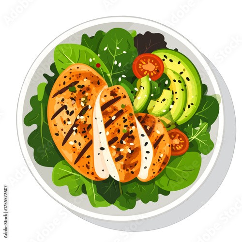 Healthy Salad with Grilled Chicken Breast Avocado and Cherry Tomatoes on Fresh Green Spinach Leaves in a White Bowl on a White Background