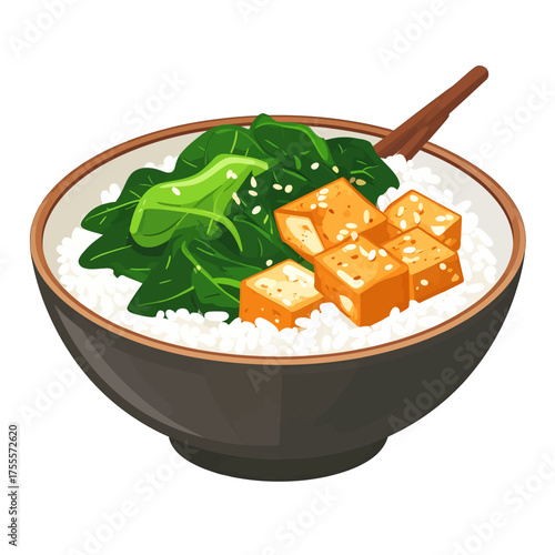 Pixel Art Bowl of Rice with Fried Tofu and Green Vegetables Glistening with Sesame Seeds in Dark Brown Bowl