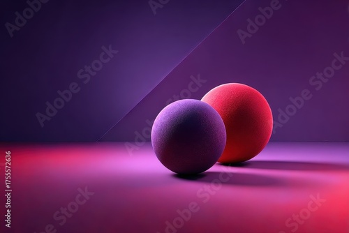 Two spheres one red and one purple with soft lighting and a modern aesthetic ideal for abstract backgrounds or design elements