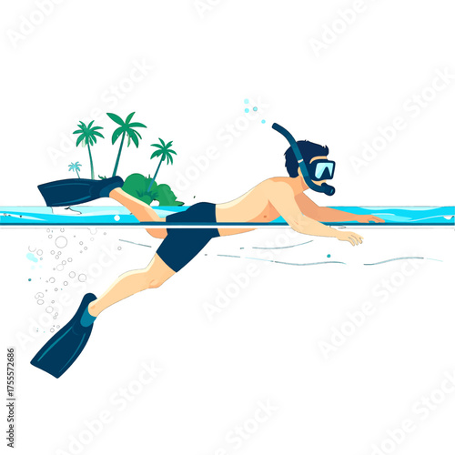Man Snorkeling in Tropical Waters with Palm Tree Island on White Background