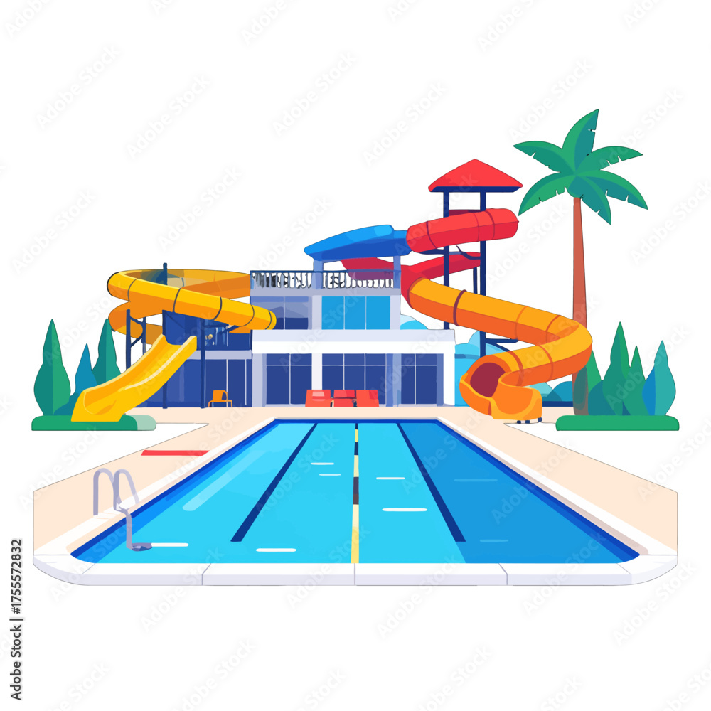 Naklejka premium Vibrant Water Park with Yellow and Red Slides Blue Pool and Palm Tree on Sunny Day Vector Illustration Ideal for Summer Vacations and Leisure