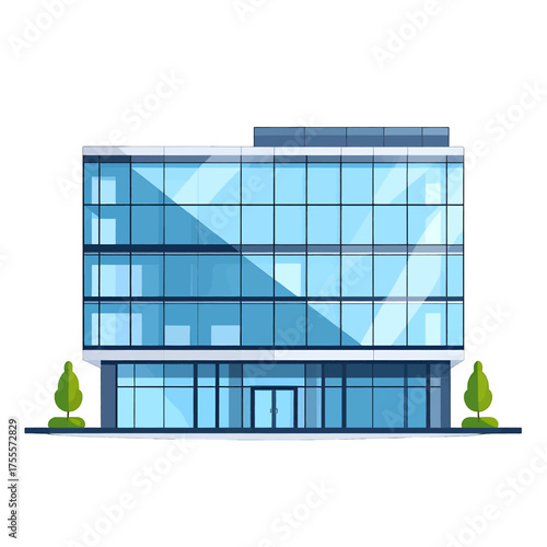 Pixelated Blue Glass Building Facade with Flat Design and Bright Lighting Against White Background Featuring Minimalist Bushes in a Clean Architecture Style