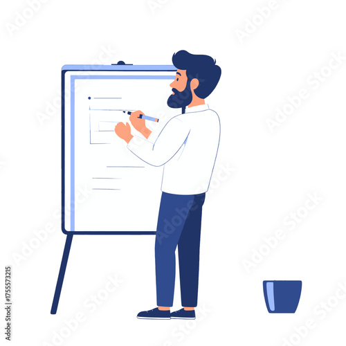 Bearded Man in White Shirt and Blue Trousers Drawing on Whiteboard with Blue Frame During Presentation on White Background