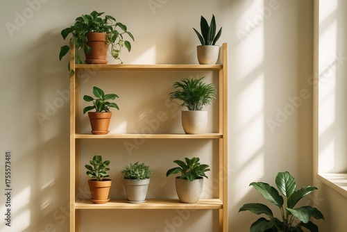 Indoor houseplants on wooden shelf with natural sunlight casting shadows on beige wall background, minimalist home decor concept. Ai generative