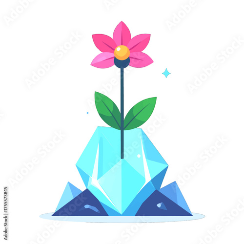 Abstract Pink Flower Blossom on Crystalline Base with Green Leaves Against Clean White Background Under Soft Lighting
