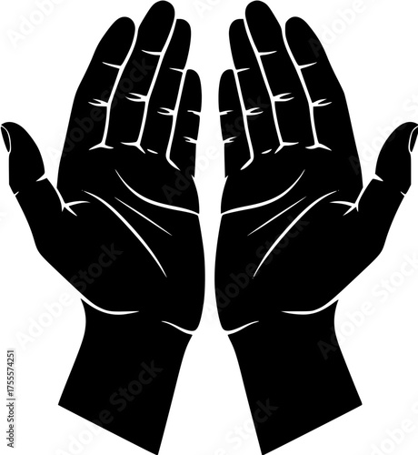 Pair of cupped hands in black and white silhouette style vector illustration representing prayer, giving, or protection.