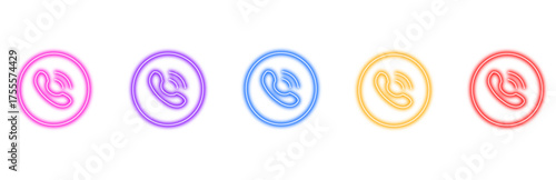 A vibrant set of five neon telephone icons, displayed in a row on a white background, featuring a pink, purple, blue, orange, and red glowing effect, representing communication and connectivity concep