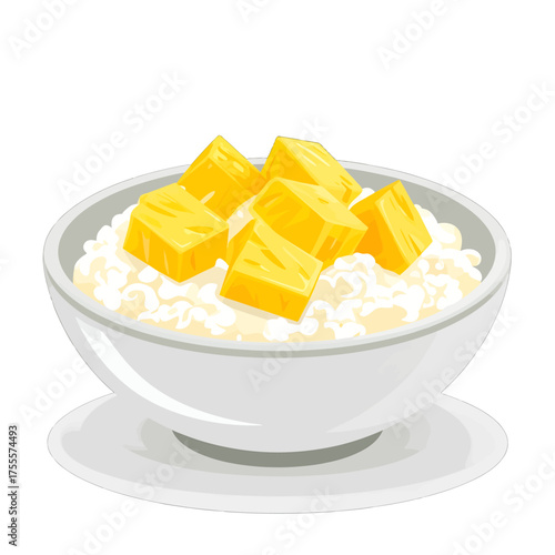 Pixelated White Bowl Filled with Cottage Cheese Topped with Diced Yellow Fruit Against a White Background