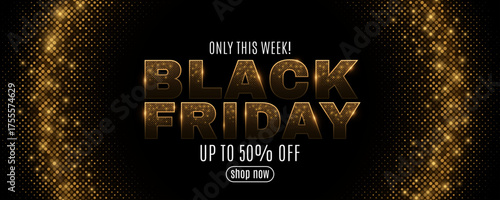 Elegant Black Friday sale banner with golden glowing dots and glittering halftone text on a dark background. Luxurious design for online store promotions and discount campaigns advertising. Vector.