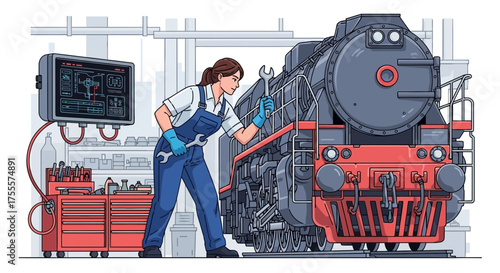 Dedicated female mechanic restoring vintage steam locomotive with meticulous care