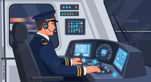 Train conductor in the cabin controls the speed of the modern train carriage