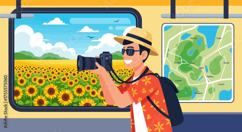 Tourist enjoying scenic sunflower field view from a train window with his camera