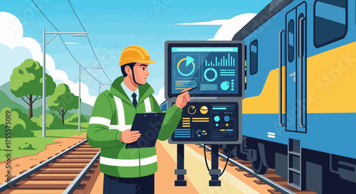 Railway engineer performing maintenance checks using computerized diagnostics panel