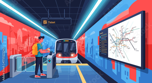 Modern urban transportation illustration featuring subway station and passenger