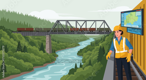 Railroad safety inspection overseeing train passage and environmental monitoring