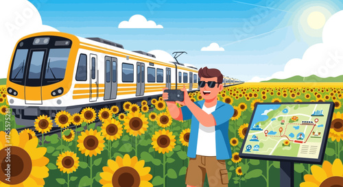 Summer Excursion: Man Captures Train Journey Through Sunflower Meadow Landscape
