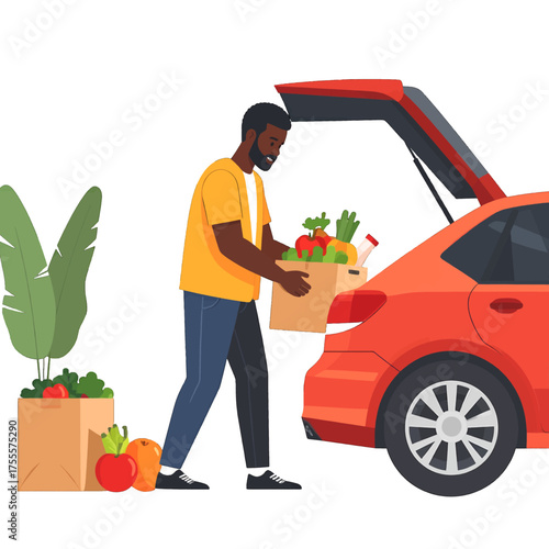 Man Loading Groceries into Red Car with Open Trunk in Pixel Art Style Vector Illustration