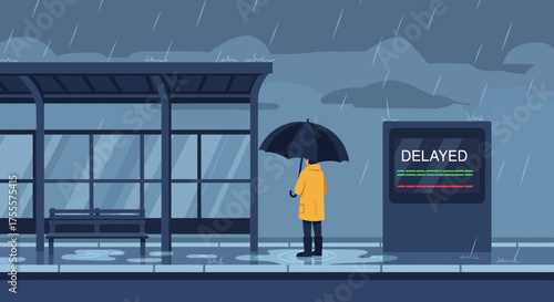 Person in raincoat holding umbrella at bus stop with delayed arrival board