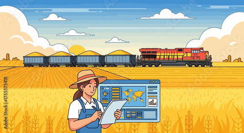 Modern farming with agricultural technology and freight transport illustration