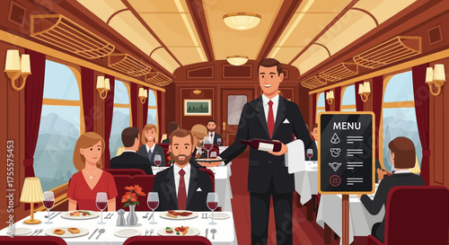 Elegant dining car scene with passengers enjoying a meal on the train