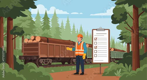 Cartoon Illustration of Logging Operation with Checklist and Forest Setting