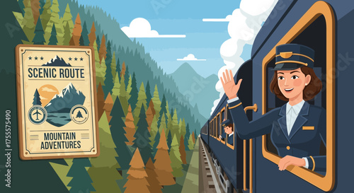 Illustration depicting a vintage train journey through picturesque mountains and forest