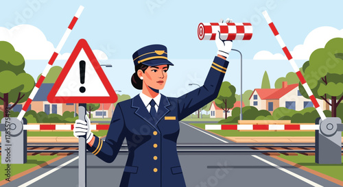 Railway crossing guard expertly managing traffic with warning signs and signals