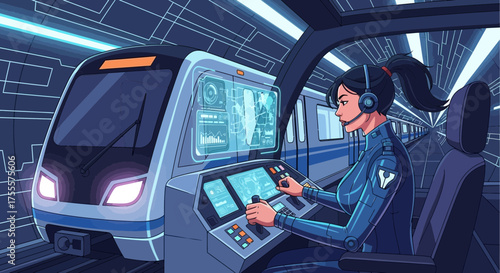 Futuristic commuter system showcasing driver in high-tech environment of transit