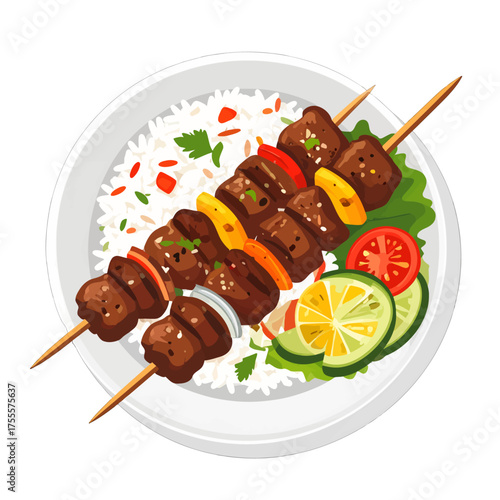 Grilled Meat Skewers on a Plate with Rice and Vegetables Top View Pixel Art Illustration