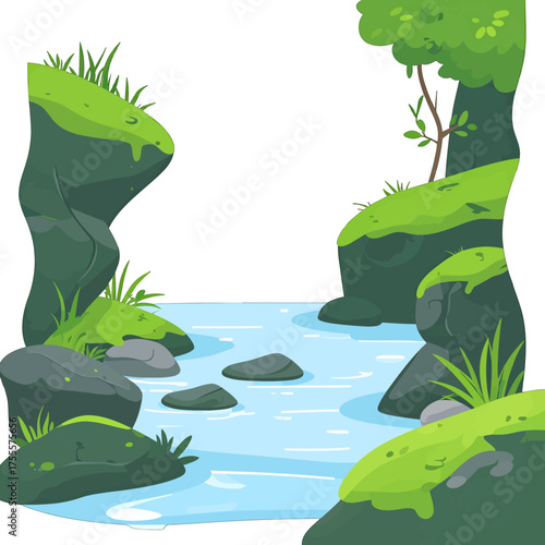 Pixel Art Stream Through Rocky Green Landscape with Lush Vegetation and Serene Water Flowing in Nature Vector Background Illustration