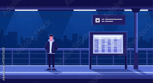 Evening commute reflection: Person at train station in urban dark cityscape