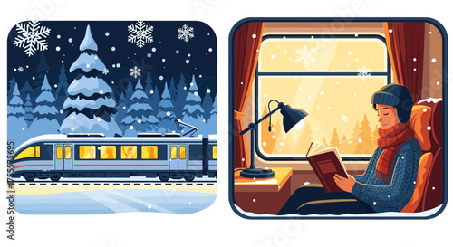 Winter journeys: A cozy train ride during a snowy holiday escape, illustrated