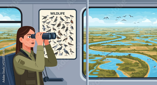 Illustrative vector art showing a birdwatcher on a train journey enjoying the landscape