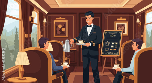 Sophisticated rail journey: passengers enjoying refined refreshments and scenery
