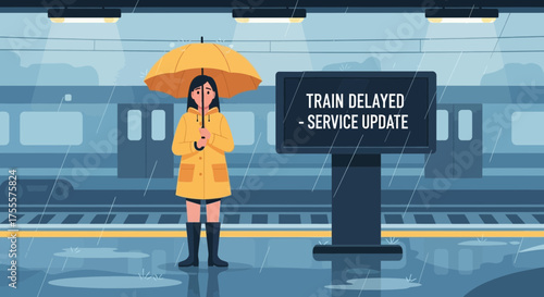 Rainy day commute: Train delay leaves passenger waiting with umbrella outdoors