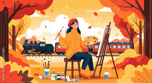 Autumn art: Illustrator's depiction of an artist's idyllic painting scene