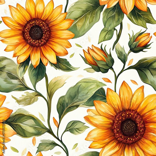 Seamless pattern of delicate sunflower stems and buds, ideal for vintage botanical and nature art.