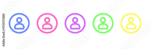 A vibrant set of five colorful neon user profile icons, each enclosed within a circle, arranged horizontally on a clean white background, symbolizing personal accounts and identity.	