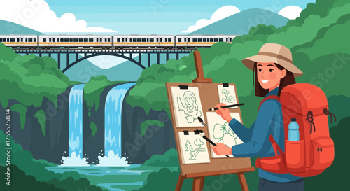 Young woman painting landscape of waterfall and mountain train scenery outdoors
