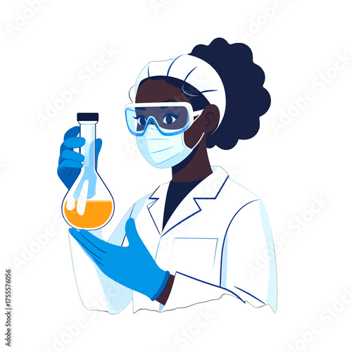 Woman in Lab Coat Holding Erlenmeyer Flask in White Background Illustration