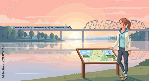 Illustrated scenic view featuring a woman, train, bridge and informative display