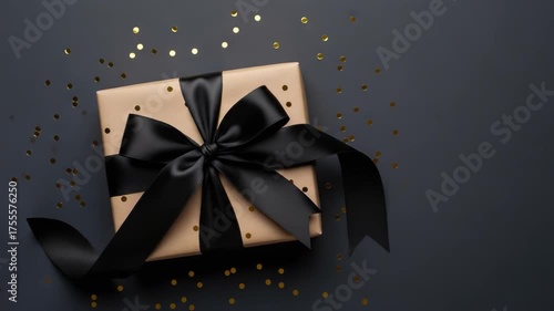 Gift box with black ribbon and gold confetti on a dark background
