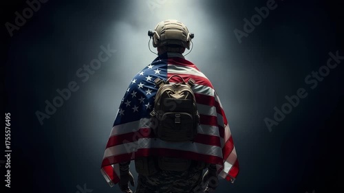 Soldier draped in american flag, standing against a dark background