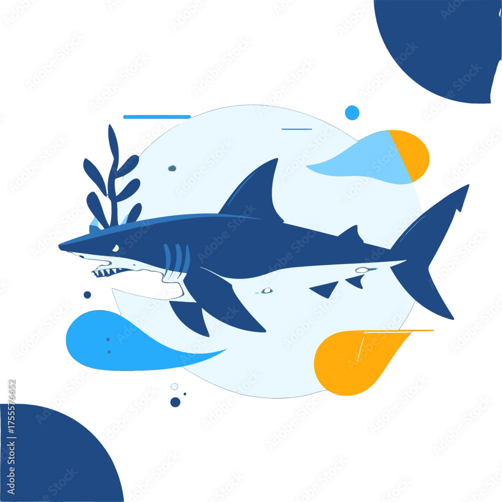 Obraz premium Abstract Navy Blue Shark Illustration with Ocean Element Decorations on White Background Concept Design for Marine Theme Artwork
