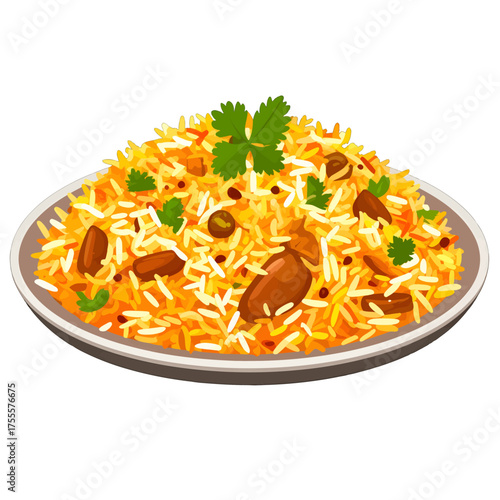 Golden Rice Pilaf with Raisins and Cilantro on White Plate Illustration