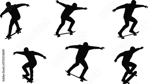  Silhouette of skateboarder performing tricks and jumps, urban street sport illustration, active movement and balance skill, black and white modern vector design
