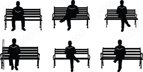  Silhouette of men sitting on park benches reading books, peaceful leisure activity illustration, calm outdoor relaxation moment, black and white minimalist vector design